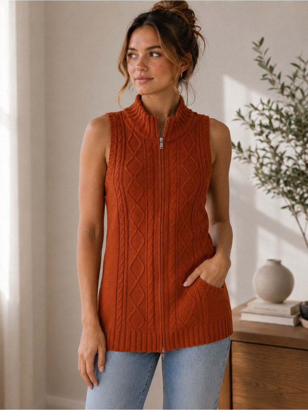 Tabi Vintage Y2K Retro Orange Cable Knit Sleeveless Cardigan Sweater Size XS